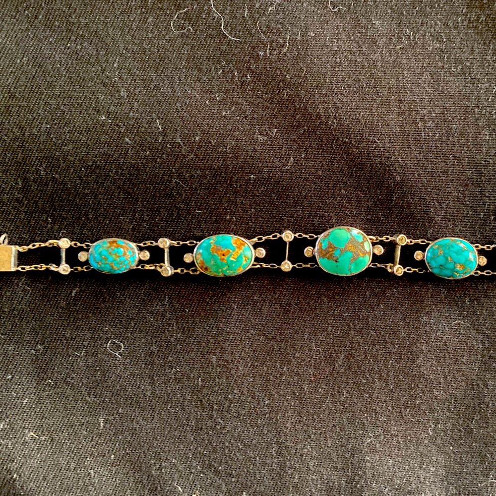 Turquoise & Silver Bracelet w/ Mine Cut Diamond Spacers - 7” length.